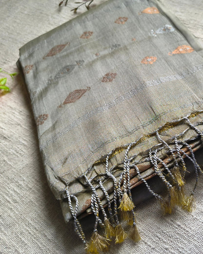 Soft Linen Tissue Saree with Golden Silver Zari weaving - Silver