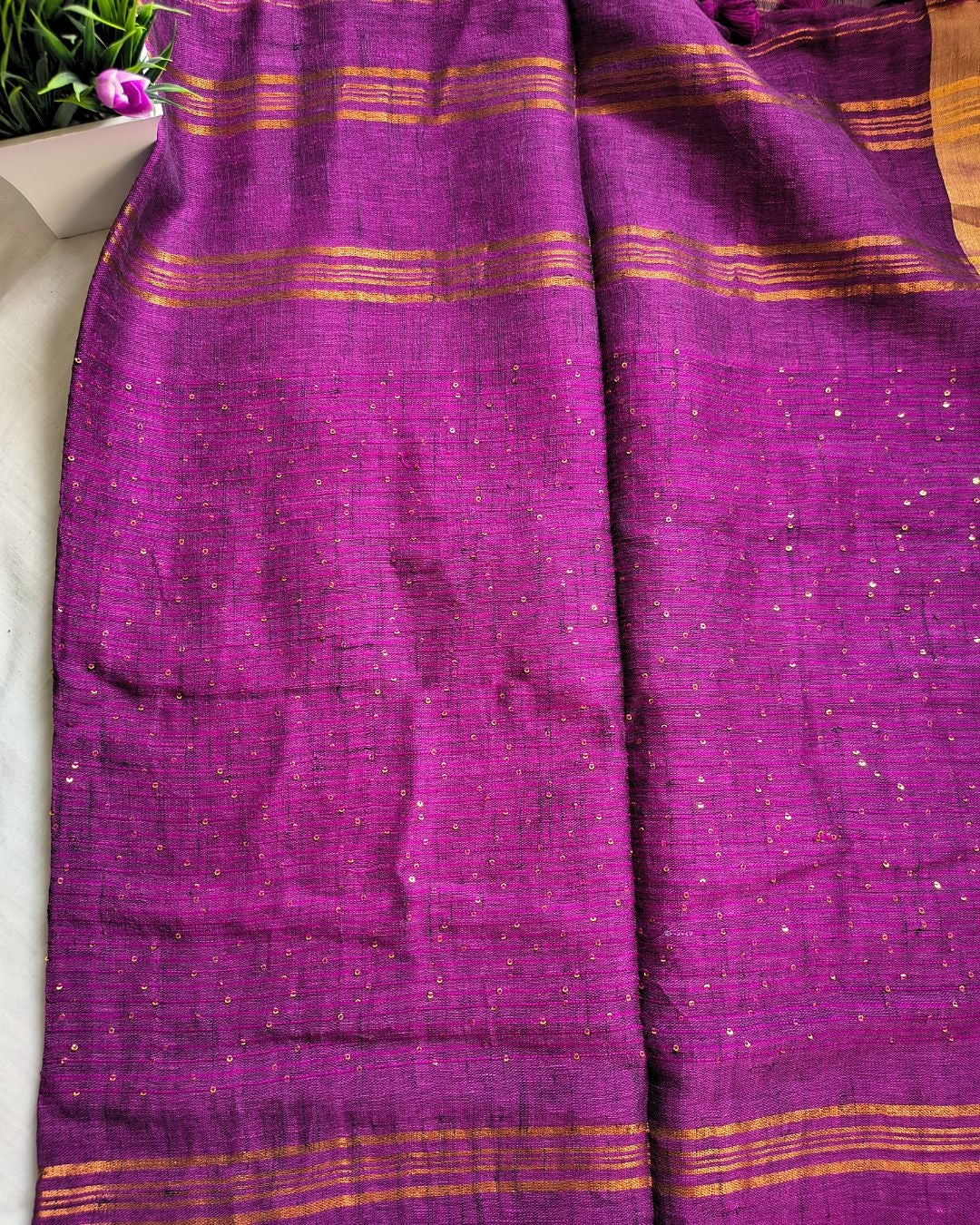 120s Linen by Linen Saree with Hand Woven Sequins - Purple MammaHug