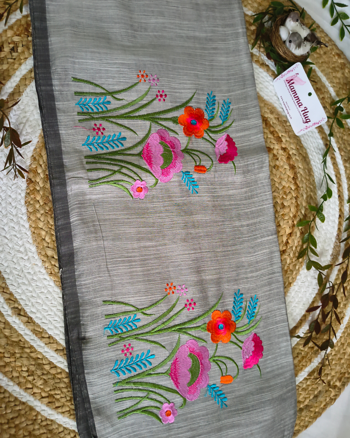 Floral Embroidery Handloom Saree - Slub Cotton (Grey)