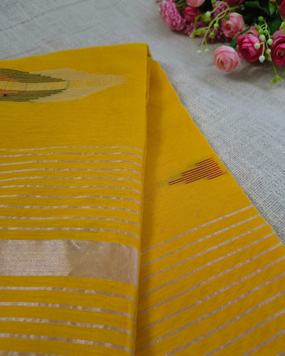 Cotton Silk Handloom Saree Woven with Silver Zari - Mango Yellow