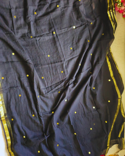 Mul Cotton Handloom Saree with Coin Design - Black MammaHug