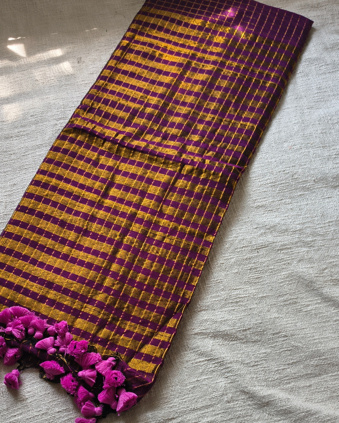 Mul Cotton Zari Checks Handloom Saree - Dark Purple MammaHug