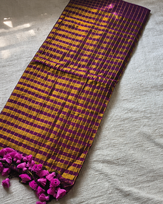 Mul Cotton Zari Checks Handloom Saree - Dark Purple MammaHug