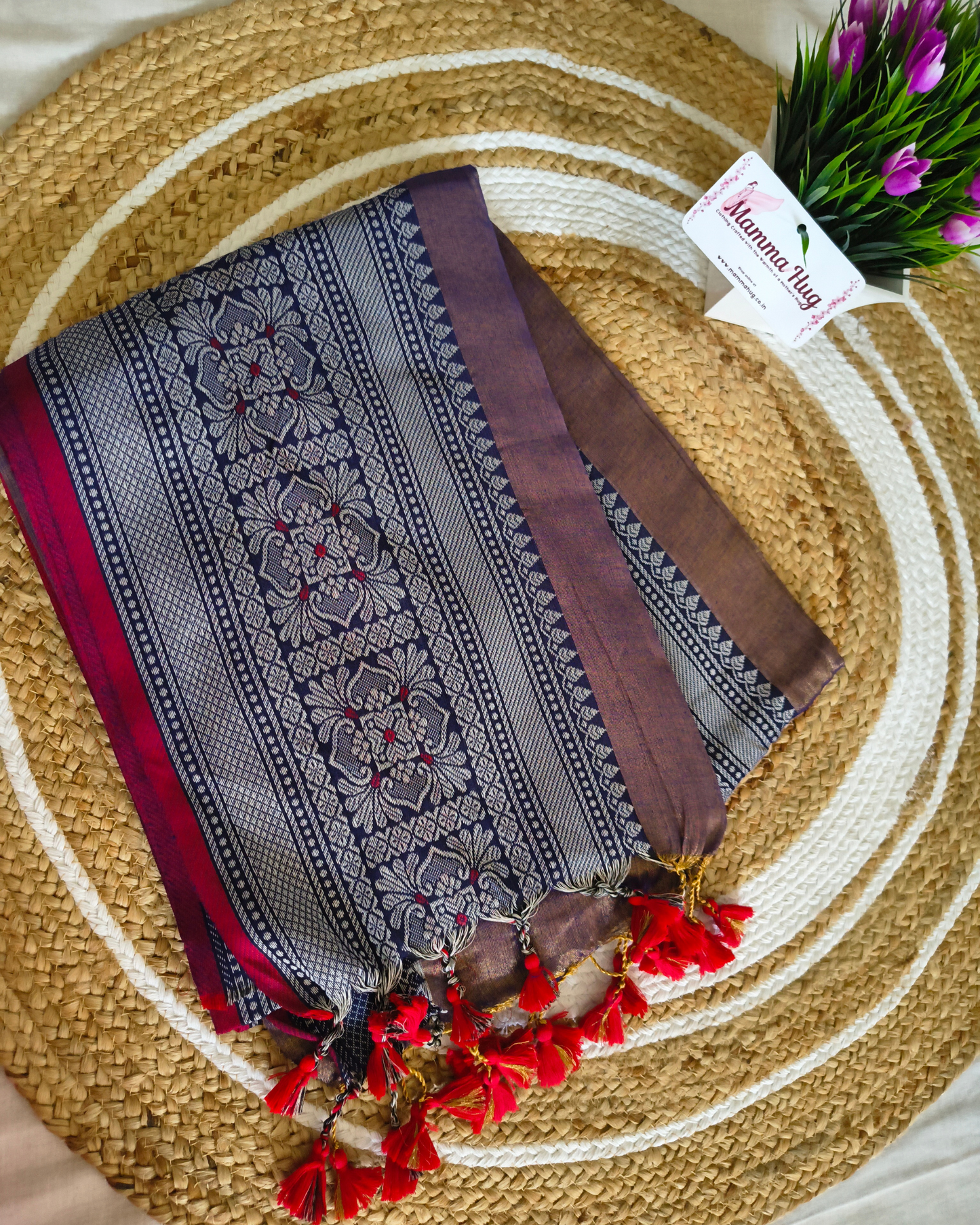 Khadi Tissue Handloom Saree with Thread Woven Border - Blue with Red