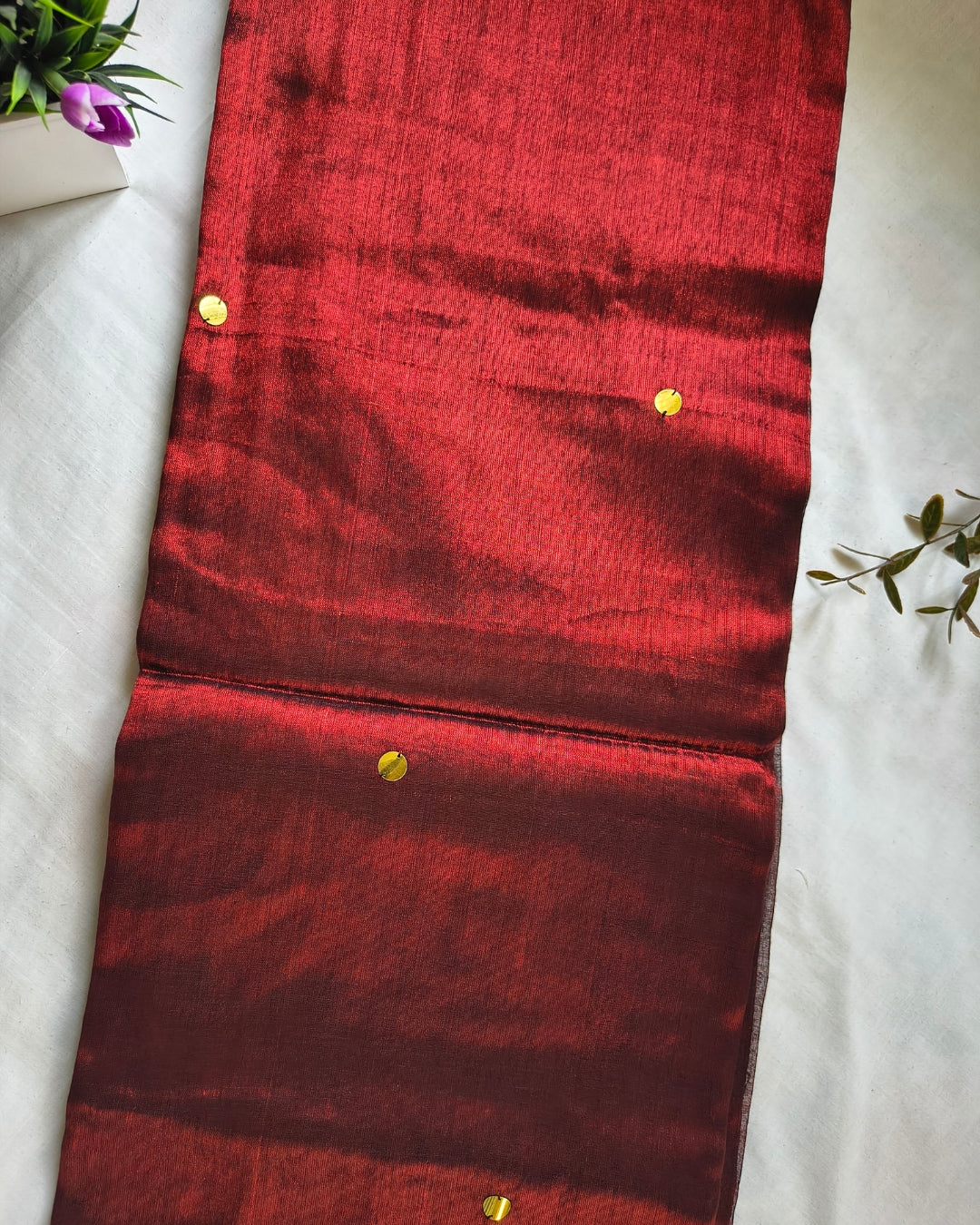 Pure Khadi Tissue Saree with Coin design - Dark Red MammaHug