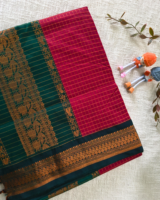 Premium Kalyani Cotton checked with Zari Border - Red