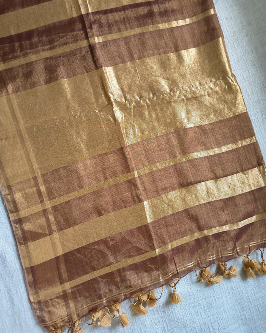 Soft Linen Tissue Saree Plain - Golden Chocolate MammaHug