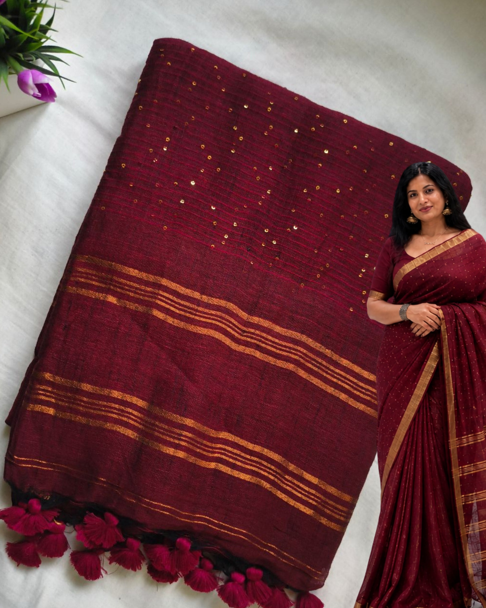 120s Linen by Linen Saree with Hand Woven Sequins - Maroon MammaHug