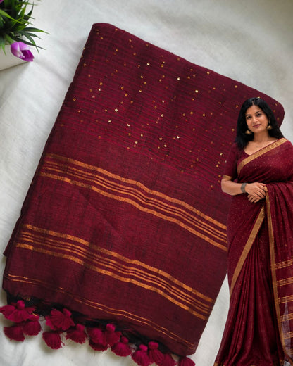 120s Linen by Linen Saree with Hand Woven Sequins - Maroon MammaHug