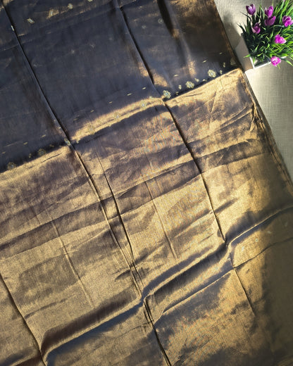 Soft Linen Tissue Saree with Golden Silver Zari weaving - Light Golden Grey MammaHug