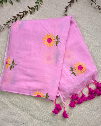 Mul Cottom Handloom Saree Flower Embroidery - Baby Pink