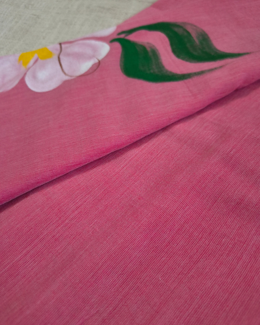Soft Cotton Handloom Saree with Hand-Painted Floral Design - Pastel Pink