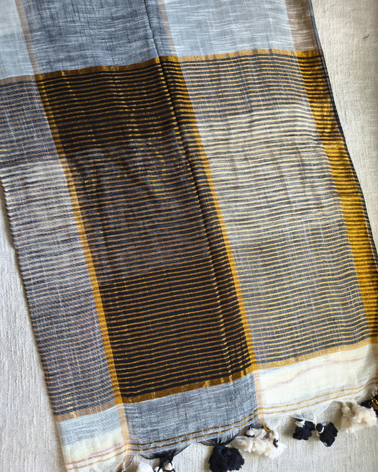 Pure Linen Cotton Handloom Saree Multicolor Checks - Black & White