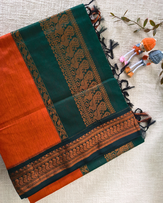 Premium Kalyani Cotton Plain Saree with Zari Border - Orange