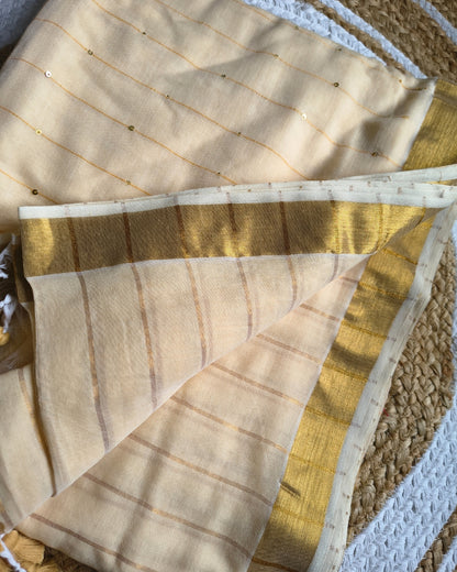 Handloom Mul Cotton Saree with Golden Stripes, Border and Sequence in Pallu - Sandal
