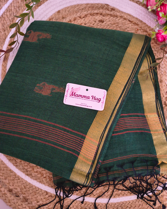 Premium Linen By Linen Handloom Saree - Bottle Green