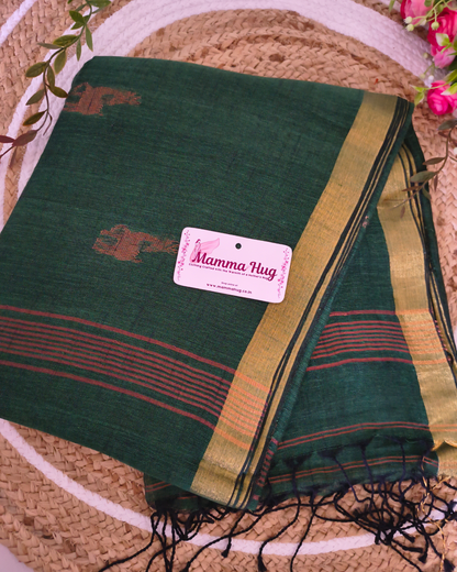 Premium Linen By Linen Handloom Saree - Bottle Green