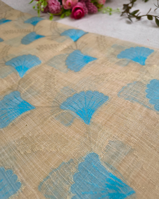 Semi Silk Saree with floral deisgn - Beige & Blue