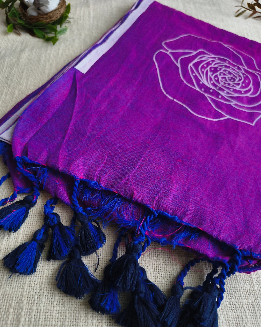 Khadi Cotton Handloom Saree with Printed Floral Design - Dark Purple