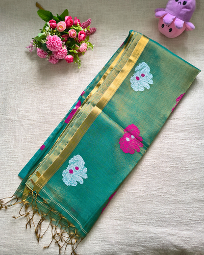 Handloom Tissue Linen with Jamdhani Weaving Buttas - Turquoise