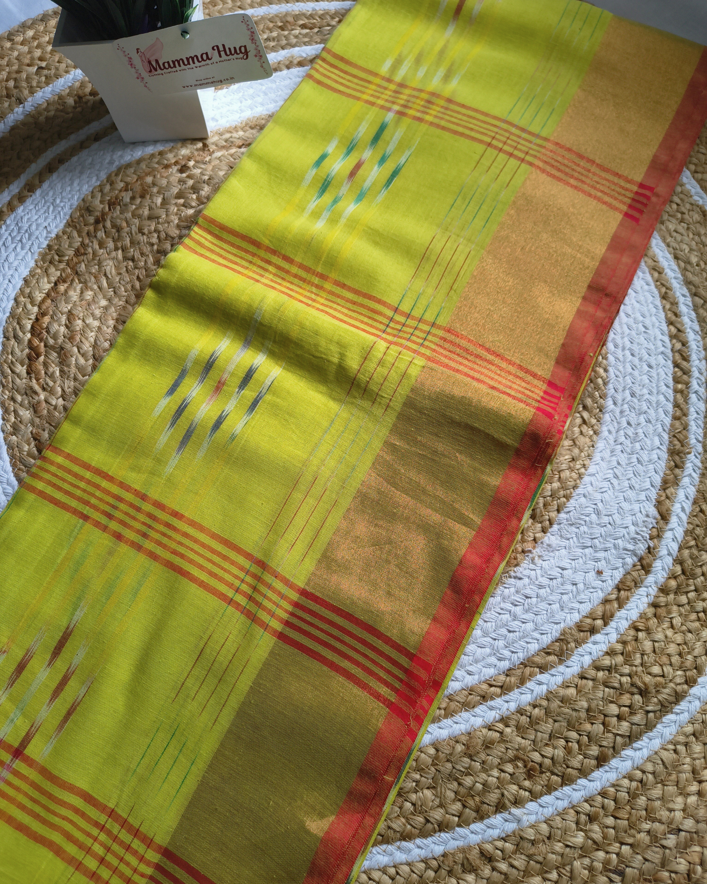 Pure Cotton Handloom Saree with Ikkat Design - Parrot Green