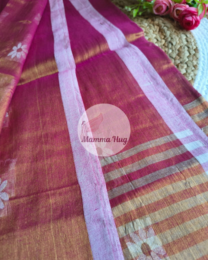 Handloom Cotton Tissue Saree with Machine Embroidery Design - Dark Pink