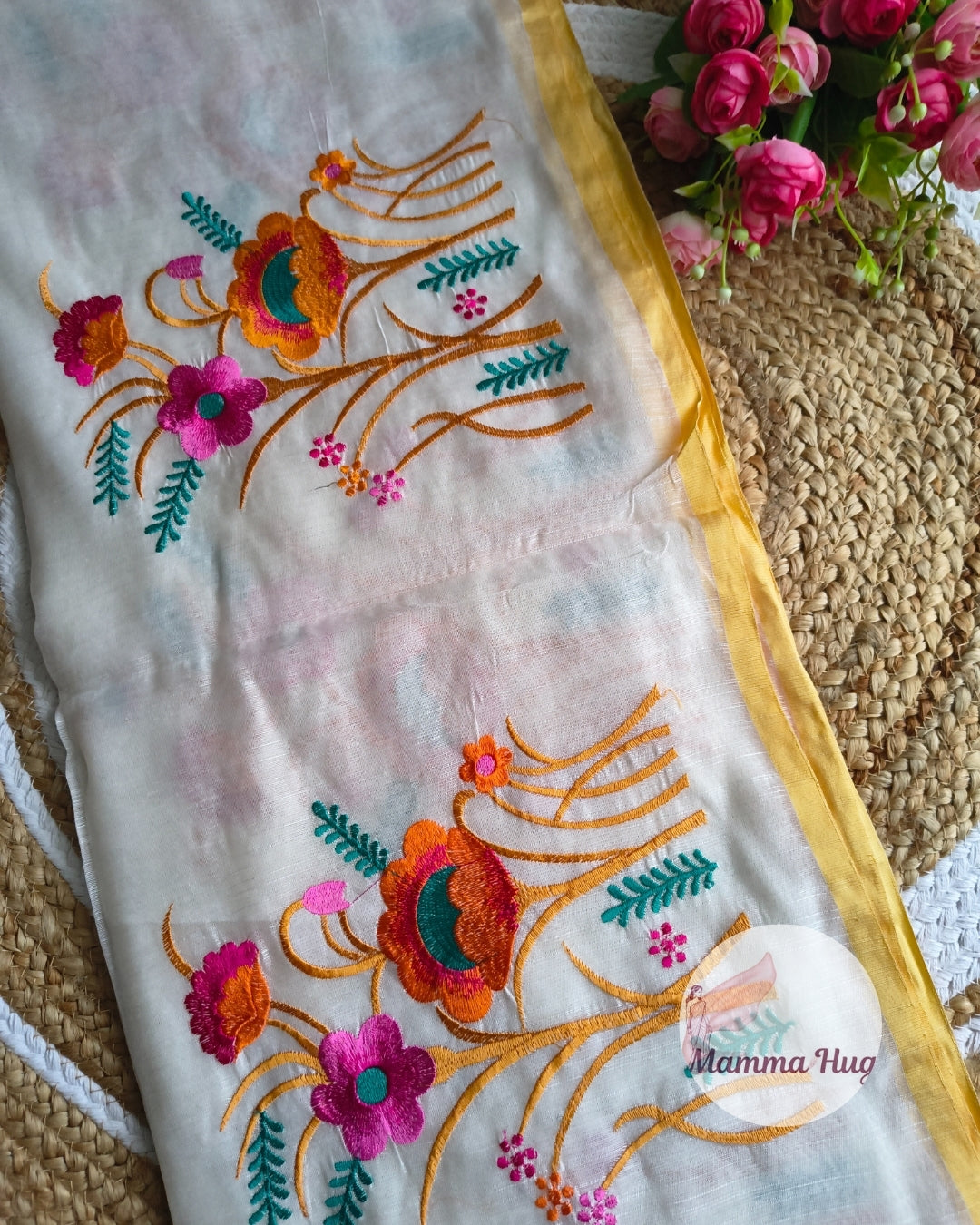 Floral Embroidery Handloom Saree - Slub Cotton (White-Orange)