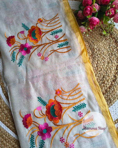 Floral Embroidery Handloom Saree - Slub Cotton (White-Orange)