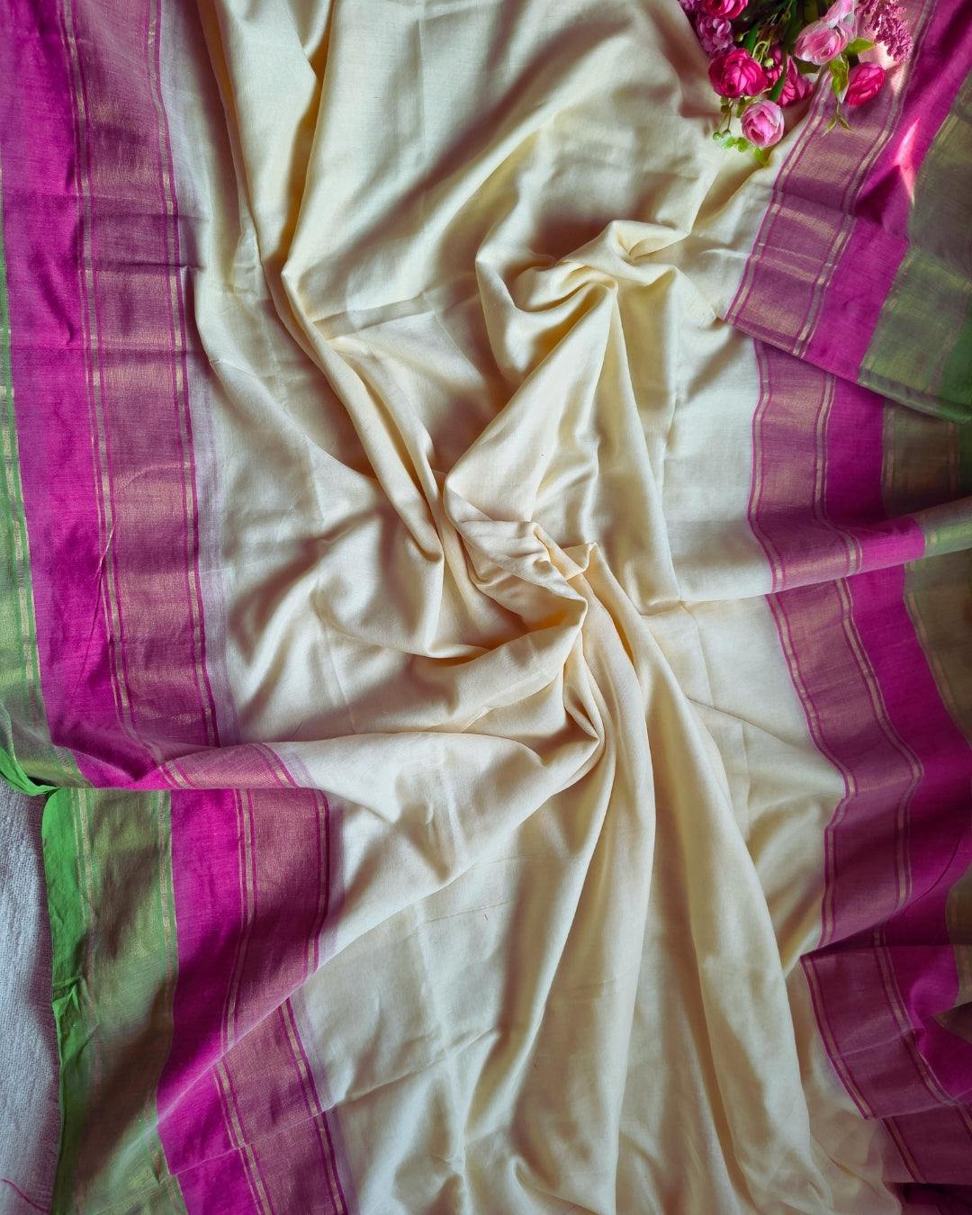 Mul Cotton Handloom Saree - Double Border - Pink & Green MammaHug
