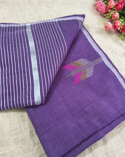 Cotton Silk Handloom Saree Woven with Silver Zari - Purple