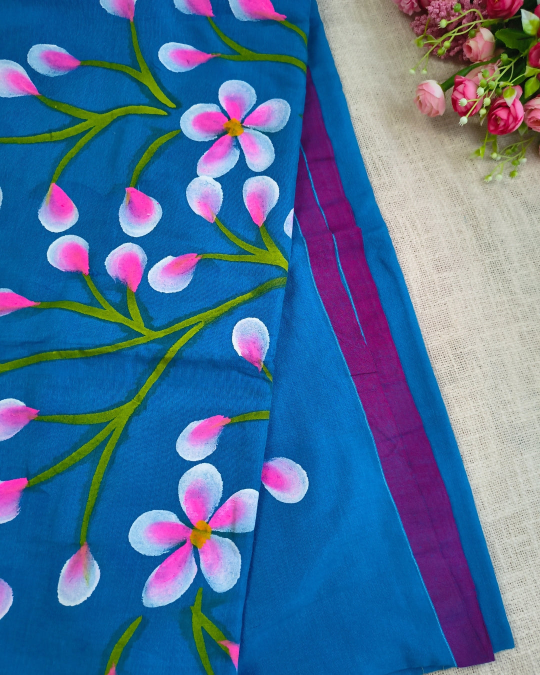 Soft Cotton Handloom Saree with Hand-Painted Floral Design - Vivid Blue MammaHug