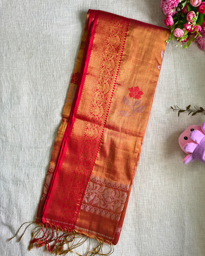 Handloom Metalic Tissue Linen with Jamdhani Weaving Buttas - Sunset Orange
