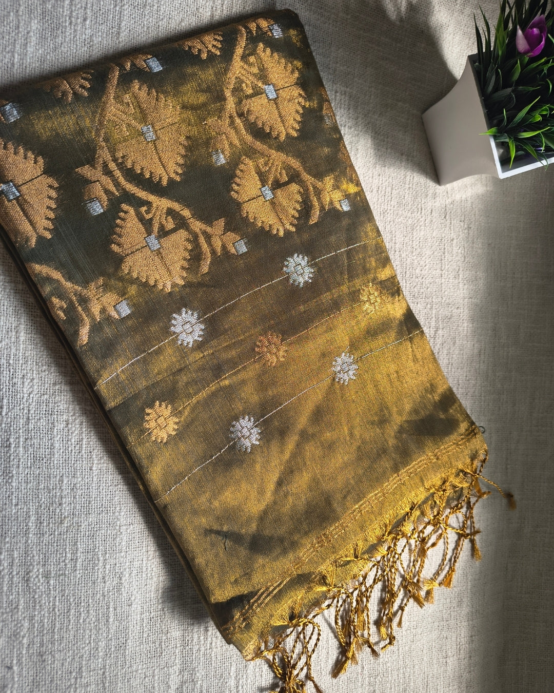 Soft Linen Tissue Saree with Golden Silver Zari weaving - Golden Brown MammaHug