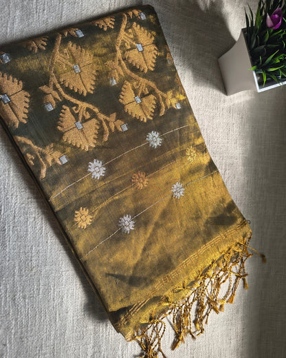 Soft Linen Tissue Saree with Golden Silver Zari weaving - Golden Brown MammaHug