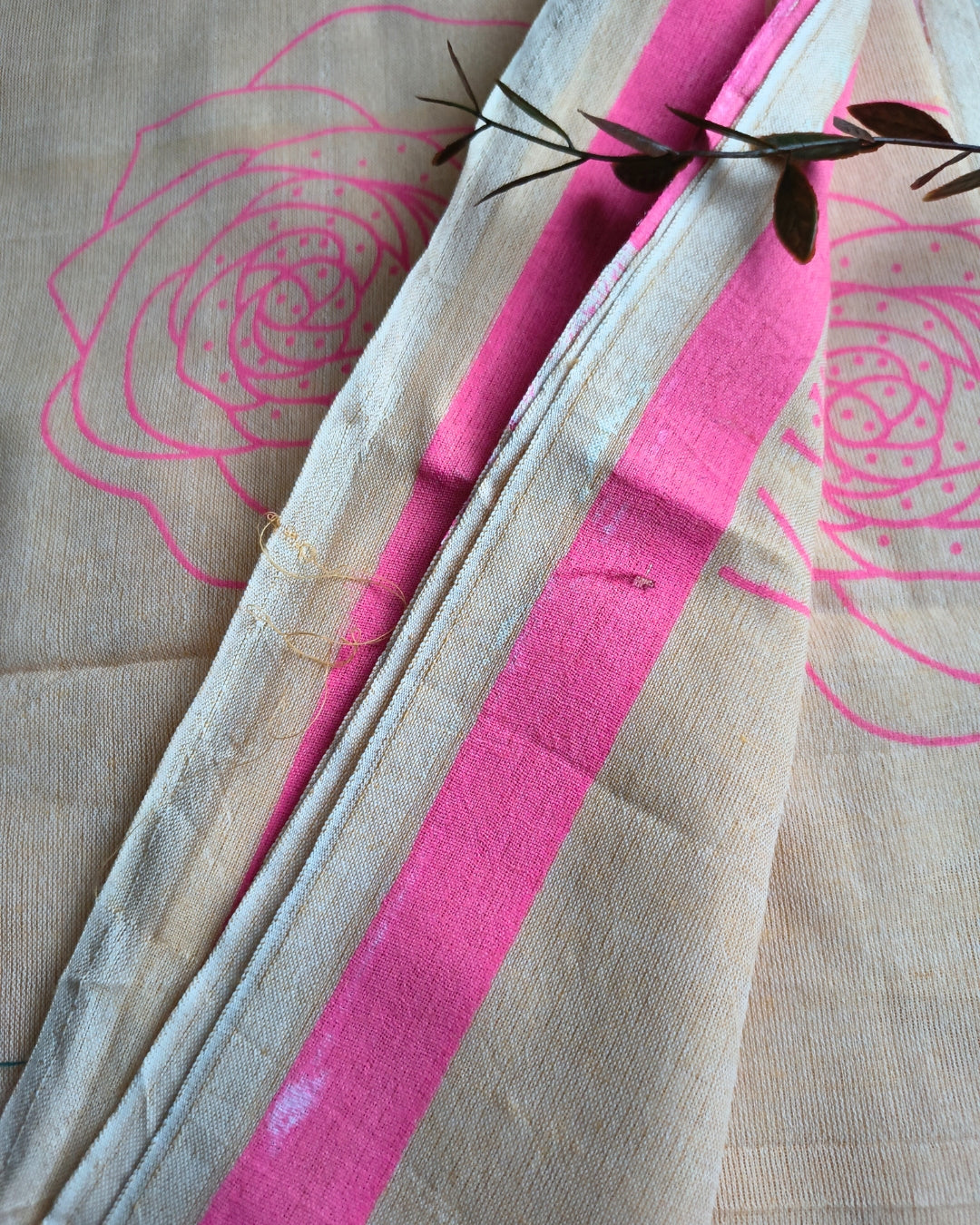 Khadi Cotton Handloom Saree with Printed Floral Design - Beige