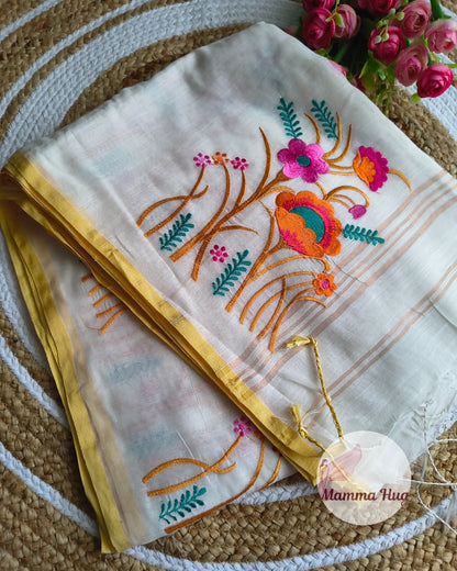 Floral Embroidery Handloom Saree - Slub Cotton (White-Orange)
