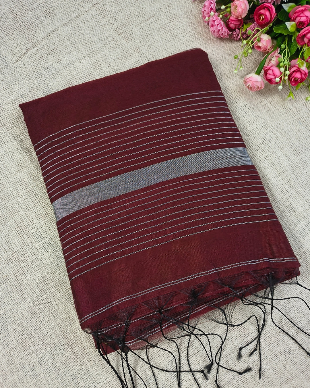 Cotton Silk Handloom Saree Woven with Silver Zari - Maroon