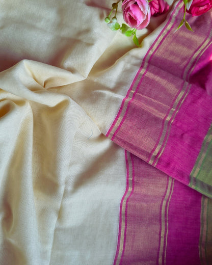 Mul Cotton Handloom Saree - Double Border - Pink & Green MammaHug