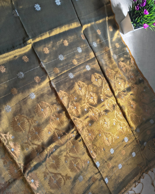 Soft Linen Tissue Saree with Golden Silver Zari weaving - Golden Brown MammaHug