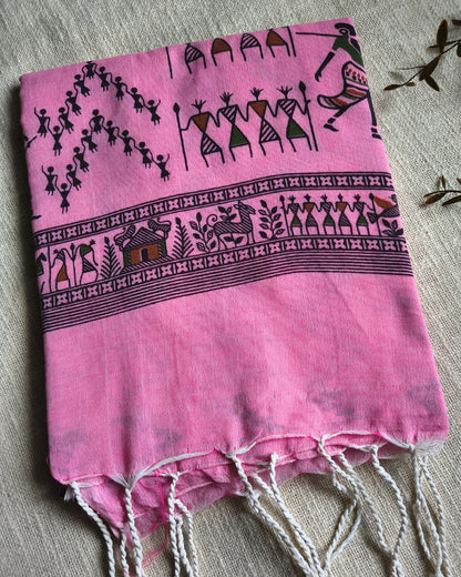 Khadi Cotton Handloom Saree - Madhubani Design - Baby Pink