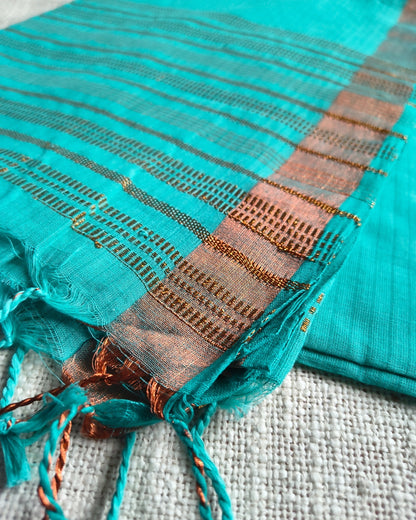 Pure Cottom Handloom Saree with Copper Zari weaving - Cyan Charm