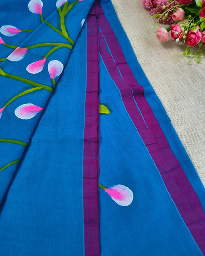 Soft Cotton Handloom Saree with Hand-Painted Floral Design - Vivid Blue MammaHug
