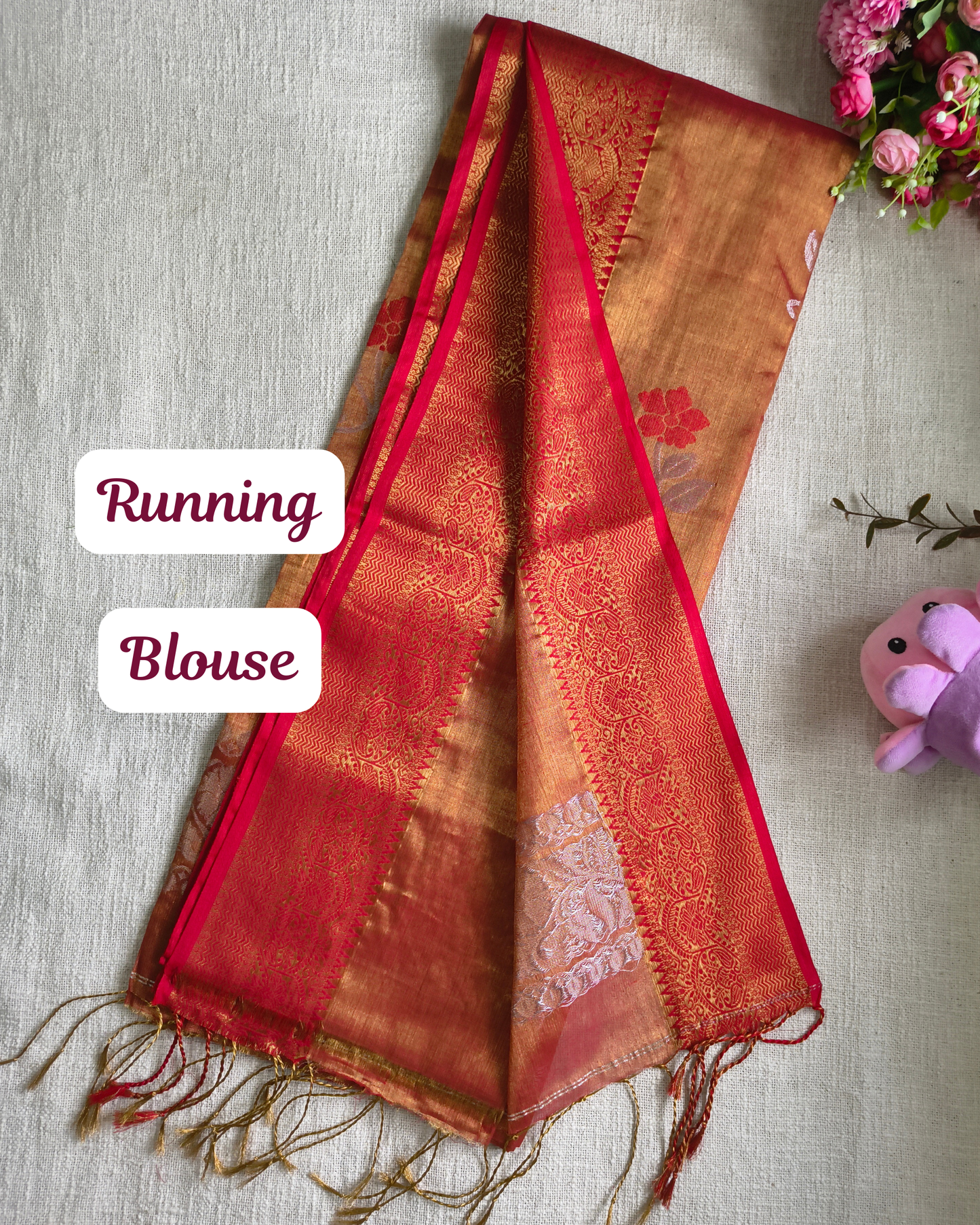 Handloom Metalic Tissue Linen with Jamdhani Weaving Buttas - Sunset Orange