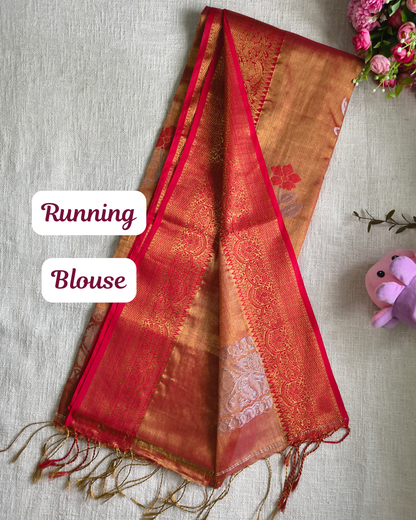 Handloom Metalic Tissue Linen with Jamdhani Weaving Buttas - Sunset Orange