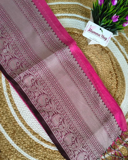 Khadi Tissue Handloom Saree with Thread Woven Border - Pink