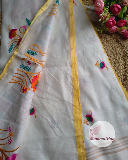 Floral Embroidery Handloom Saree - Slub Cotton (White-Orange)