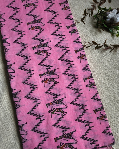 Khadi Cotton Handloom Saree - Madhubani Design - Baby Pink