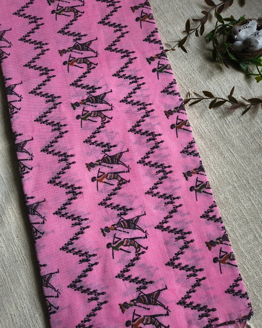 Khadi Cotton Handloom Saree - Madhubani Design - Baby Pink