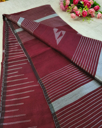 Cotton Silk Handloom Saree Woven with Silver Zari - Maroon