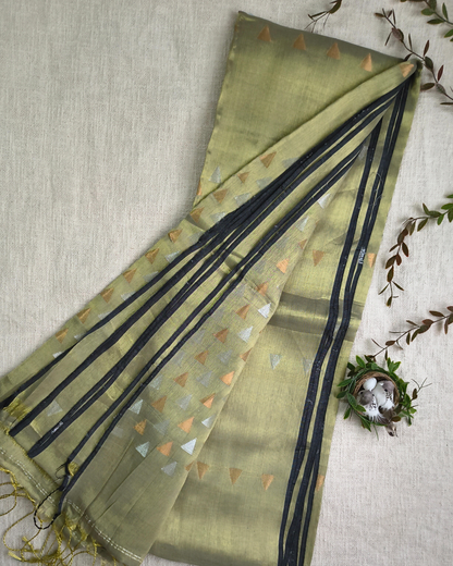 Linen Tissue Saree with Golden Silver Zari weaving - Golden Sage